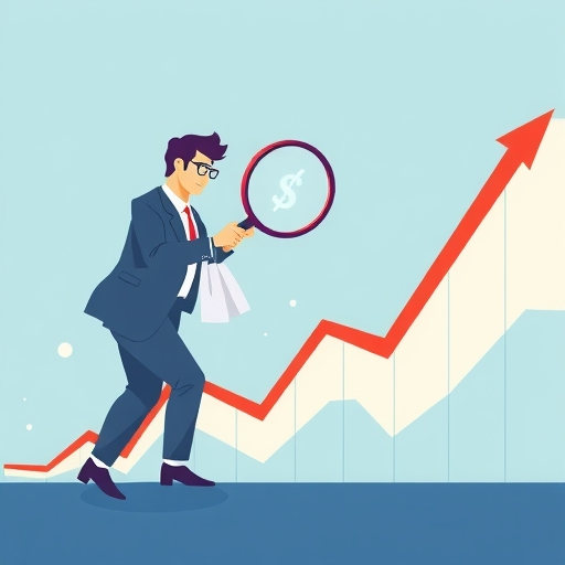 投資者使用放大鏡在波動市場圖表中選擇穩健成長公司，探索創新策略與經濟展望