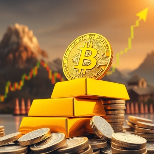比特幣價格圖表急劇下跌，背景中憂心投資人身影，黃金條與白銀幣堆疊上升象徵強勁表現