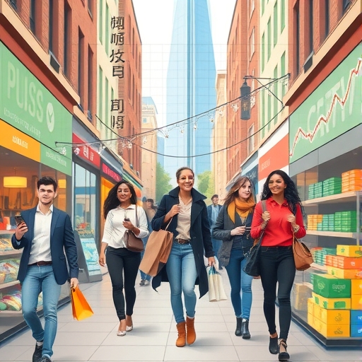 illustration of confident consumers shopping happily in a vibrant city street with graphs and charts representing market pulse and diverse investment strategies in the background