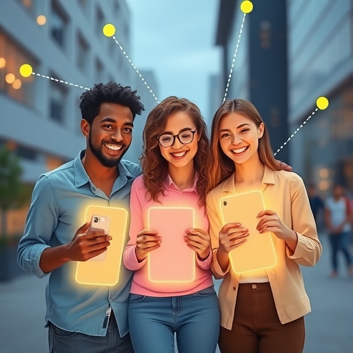 多元個體在發光手機螢幕上愉快互動，展示友誼App介面與連結線條，象徵數位網絡在都市環境的成長插圖