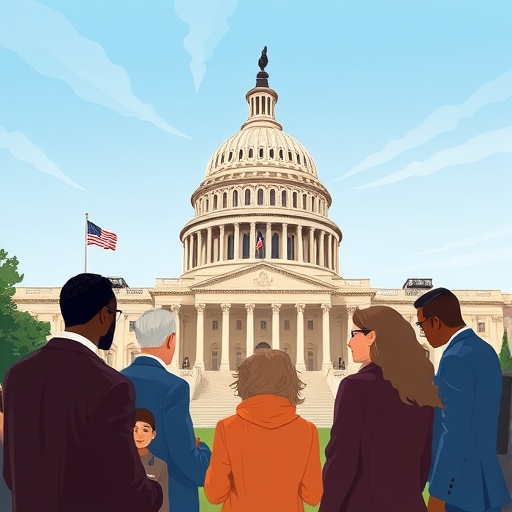 多元人群在美國國會大廈前辯論，反映政治分歧、社會議題與進步思想
