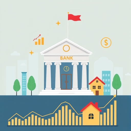 金融圖表與央行建築，搭配房地產元素，象徵信用管制措施與市場穩定