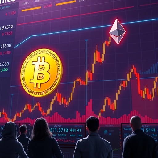 市場興奮插圖，巨型比特幣在數位圖表上升，以太幣符號閃耀智能合約線條，投資者充滿期待注視動態交易螢幕