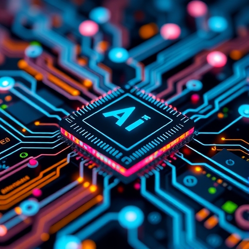 AI晶片製造商矽晶片與數據路徑發光插圖