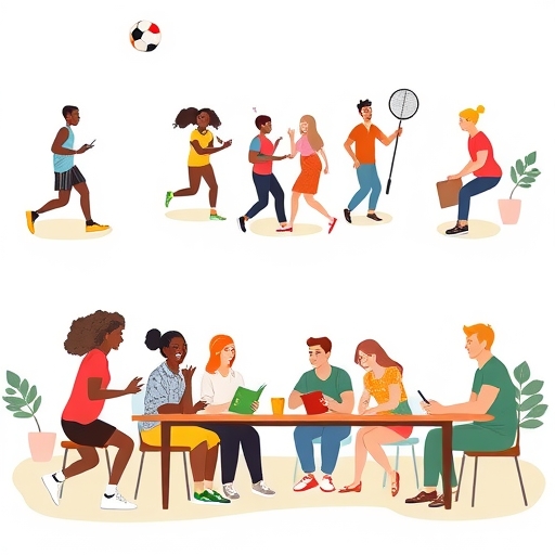 人們參與各種歡樂現實社交活動，如運動團隊比賽、書友會聚會、義工團體合作，展現真實面對面連結的插圖