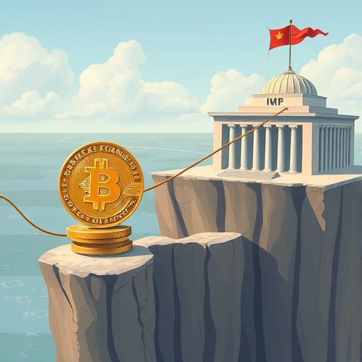 穩定幣在金融邊緣平衡的風險警示插圖,包含IMF對新興市場的關注