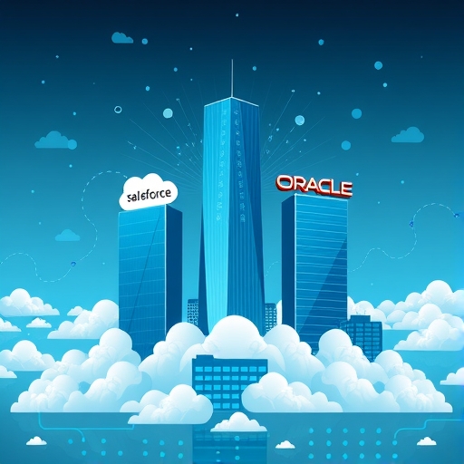 illustration of three towering interconnected software giants Salesforce Snowflake Oracle standing strong on a cloud platform surrounded by data streams and corporate buildings symbolizing their market leadership and innovation