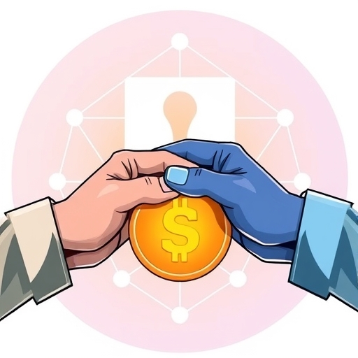 Exodus 與 MoonPay 代表的手在數位美元幣上緊握,背景為安全區塊鏈網絡象徵新穩定幣夥伴關係