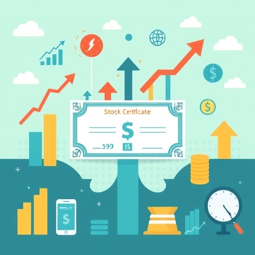 illustration of various financial indicators like growing bar charts upward arrows new product icons and merger symbols all converging into a central stock certificate representing a focus stock