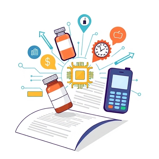 產業圖標如藥瓶、晶片和支付終端從財務報告中浮現，象徵華爾街對各領域的推薦