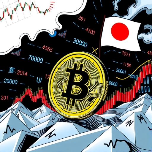 比特幣承受壓力的插圖,顯示內部數據訊號與外部全球經濟力量如日本貨幣政策的雙重衝擊