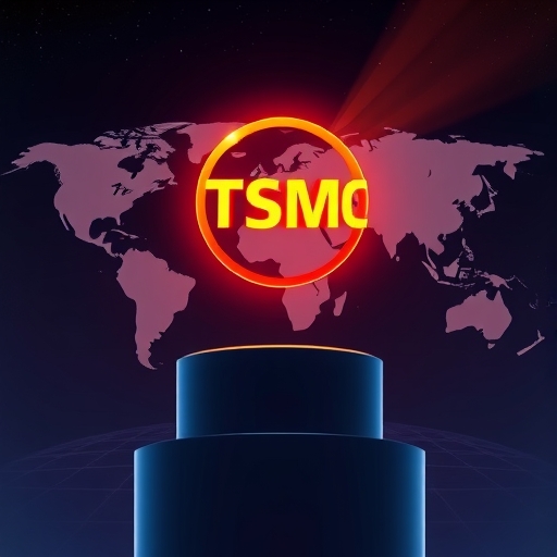 台積電品牌標誌在全球地圖背景中閃耀，象徵品牌價值上升超越競爭對手的國際認可