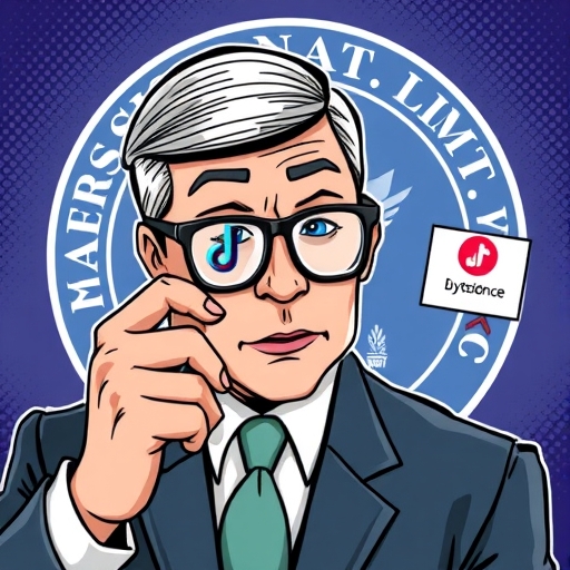 美國政府官員審查TikTok標誌圖像，背景隱含ByteDance符號，突顯數據隱私與國家安全審查，以及CFIUS的關鍵角色