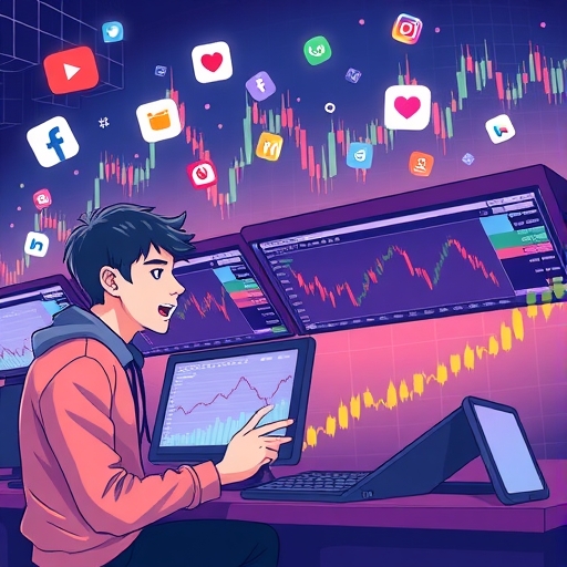 年輕投資者熱衷股市圖表與社群媒體互動的活力場景