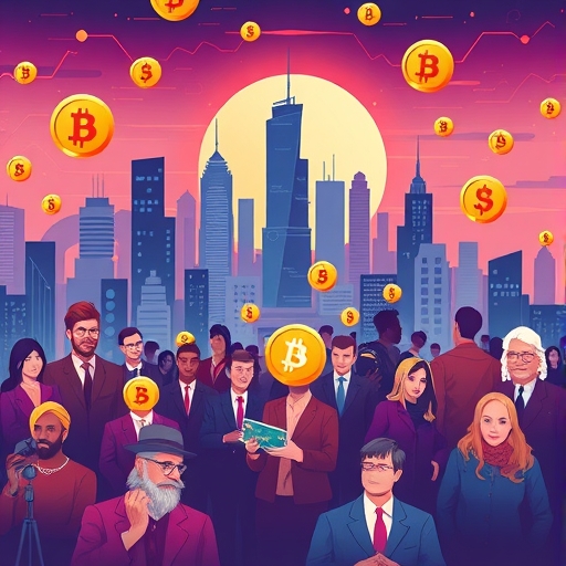 未來城市天際線環繞數位貨幣符號與多元人群，象徵全球經濟、科技及加密社群的活力與動態