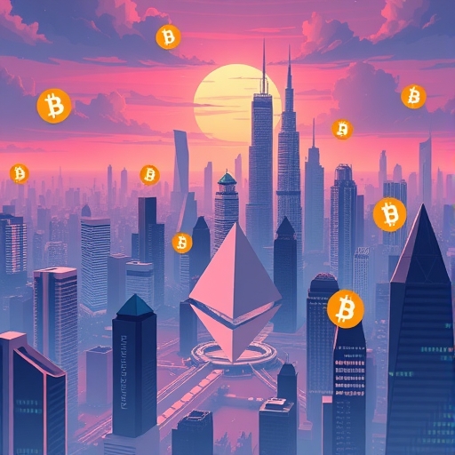 2026年加密貨幣市場未來城市景觀,浮現數位貨幣符號,象徵以太坊升級、Altcoin代幣解鎖與比特幣觸底訊號