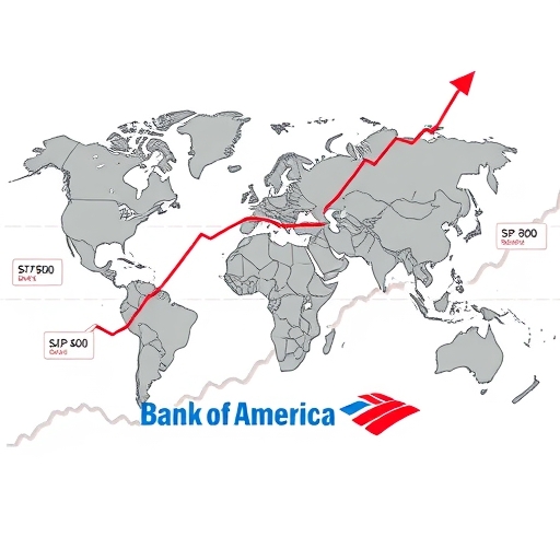 全球金融市場地圖顯示道瓊和標普500上漲趨勢，美銀投資策略與風險輪動示意圖