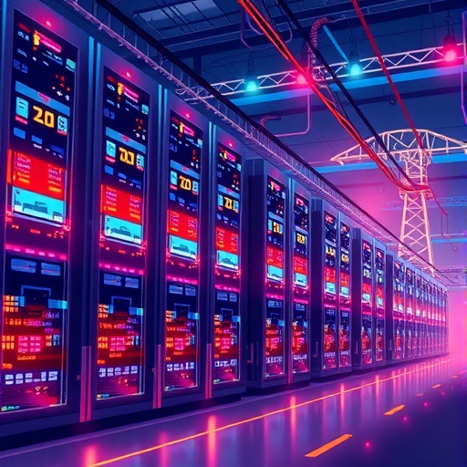 大型資料中心生動插圖,伺服器如城市燈光,連接能源電網強調電力消耗