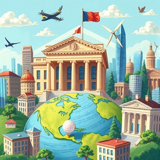 全球經濟景觀的生動插圖，描繪投資者和政策制定者穿越挑戰與機會，包含華爾街建築、聯準會象徵以及綠色能源科技