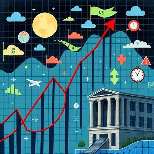 複雜市場動態插圖，過山車圖表代表空頭擠壓，銀行建築面對逆風象徵挑戰