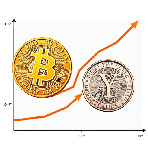 數位比特幣與實體日圓貨幣沿相同價格曲線移動的插圖，箭頭標示全球流動性轉移與投資人風險偏好的金融市場場景