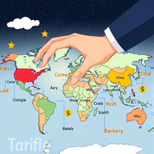 An illustration depicting a global trade map with various supply chains being influenced by a large hand representing Trump tariff decisions affecting the dollar strength and investor risk appetite in crypto markets illustration style