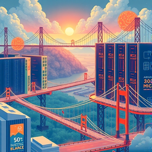 An illustration depicting advanced Agentic AI systems interacting with massive data centers with some areas showing environmental protests and traditional finance buildings with digital bridge connections showcasing AI infrastructure rise and challenges