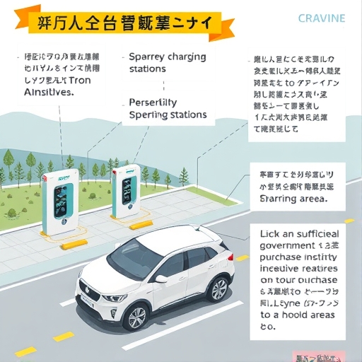 台灣電動車採用挑戰插圖，描繪非都市地區充電站稀少，以及政府購車誘因不足，影響消費者決策