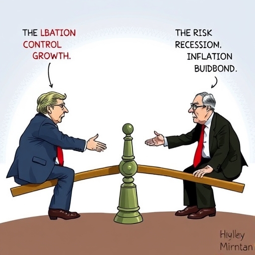 An illustration depicting two groups of central bankers debating a seesaw one side representing inflation control and the other economic growth highlighting their deep divide on rate cut timing and the risk of recession or inflation rebound