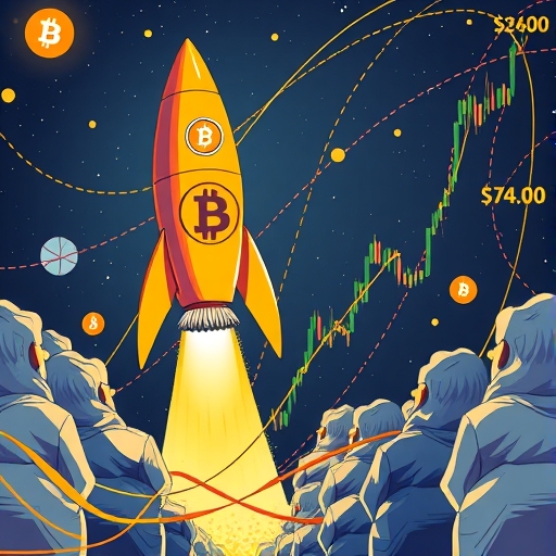 比特幣火箭突破九萬美元關卡的插圖，伴隨上漲市場圖表與多元投資者觀看全球財經新聞的加密貨幣市場圖像