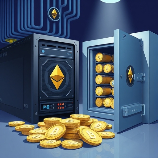 Bitmine戰略性累積並質押ETH的圖示，大型礦機旁邊是充滿ETH幣的保險庫