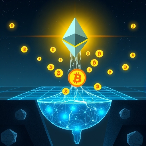 以太坊網路從工作量證明轉向權益證明的轉型圖示，伴隨著發光的ETH符號流入質押池