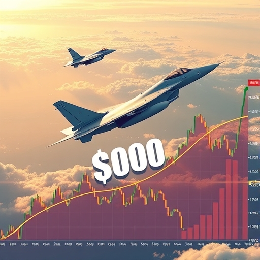 洛克希德馬丁飛機與防禦系統圖像，伴隨上漲股票圖表及500美元目標價標籤，周圍環繞正面財務指標與市場優勢