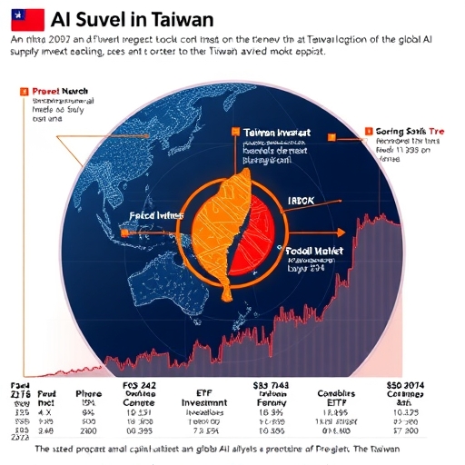 台灣在全球AI供應鏈中的關鍵角色插圖,展示外資與ETF資金流入股市,股指向上攀升至2024年底兩萬三千點,專業資本管理引導發展方向