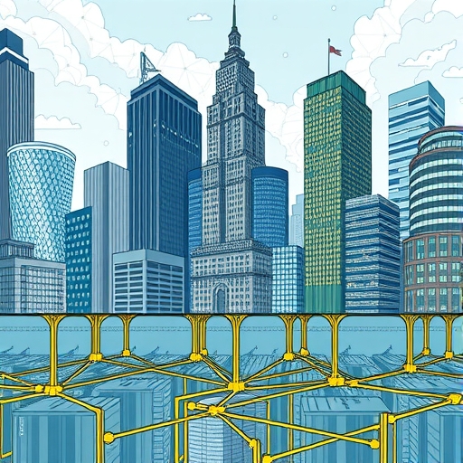 華爾街巨頭進軍數位資產插圖，摩天大樓延伸至加密網路的機構採用藝術作品