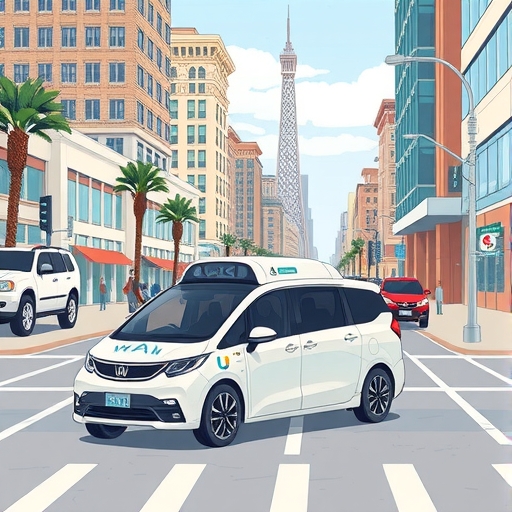 An illustration of Waymo Ojai robotaxis smoothly navigating iconic US city streets like San Francisco and Phoenix symbolizing seamless expansion and public trust