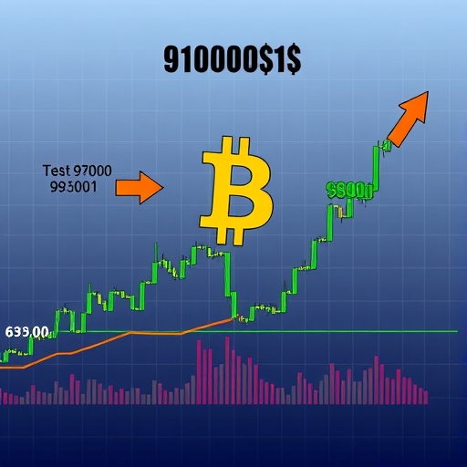 An illustration of a bitcoin price chart showing stability around 91000 dollars after recent fluctuations with arrows indicating attempts to break 95000 and testing 89000 a cautious market mood illustration style