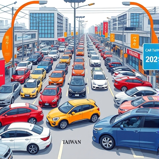 台灣國產電動車策略插圖，聚焦鴻華先進Model B與Model C車款，象徵本土生產、供應鏈發展，以及智慧城市與醫療科技應用