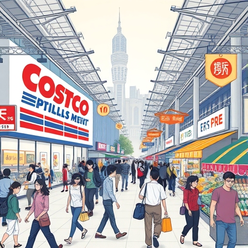 台灣零售市場繁忙景象插圖，展示大型倉儲店與在地小店並存，以及消費者在通膨背景下的多元選擇