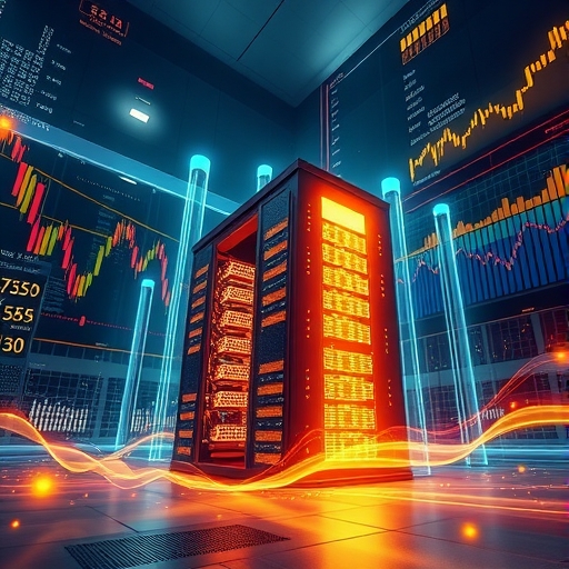 繁忙資料中心發光插圖,環繞數位流與財務圖表象徵投資機會