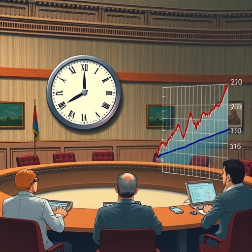 An illustration of a central bank meeting room with a large clock indicating a rate cut a worried group of economists observing a graph showing a short-term funding market freezing up representing liquidity threats to financial stability