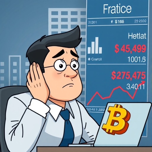 Company executive stressed over financial report with bitcoin icon
