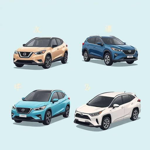 台灣競爭激烈的汽車市場插圖，包含傳統燃油車如Nissan Kicks、混合動力車如Toyota RAV4，以及新興電動車，象徵產業轉型與消費者偏好