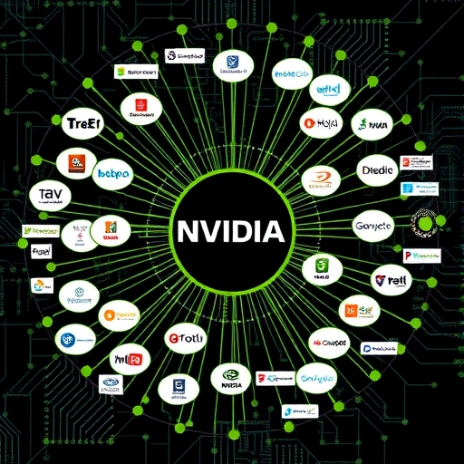 An illustration of a complex digital network map showing NVIDIA as the central hub connecting numerous AI companies across infrastructure software and application layers forming a unified AI alliance powered by CUDA