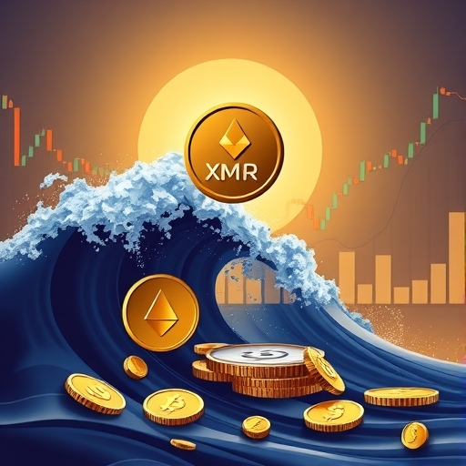 Monero XMR 數位貨幣在隱私需求浪潮中領先上升的插圖，背景有市場圖表