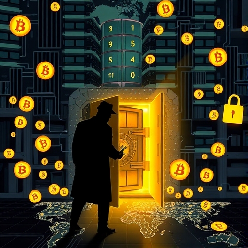 數位金庫被陰影人物破壞,比特幣符號四散,地圖顯示複雜洗錢路徑與巨額竊盜數字