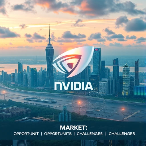 未來城市天際線圖示，融入AI元素與Nvidia標誌，象徵市場機會與挑戰