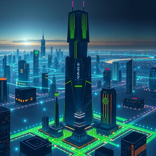 An illustration of a futuristic city with a dominant NVIDIA headquarters tower at its center surrounded by glowing AI network lines connecting to various smaller startup buildings symbolizing an expanding AI empire