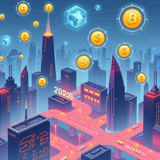 未來城市插圖，數位貨幣符號環繞區塊鏈網絡，象徵2026年加密時代，由新銀行與科技巨頭引領