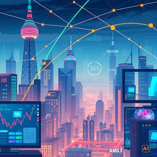 未來城市插圖，閃爍的人工智慧電路連接電腦、手機和電視等科技裝置，展現全球科技熱潮與金融市場上漲，受人工智慧影響